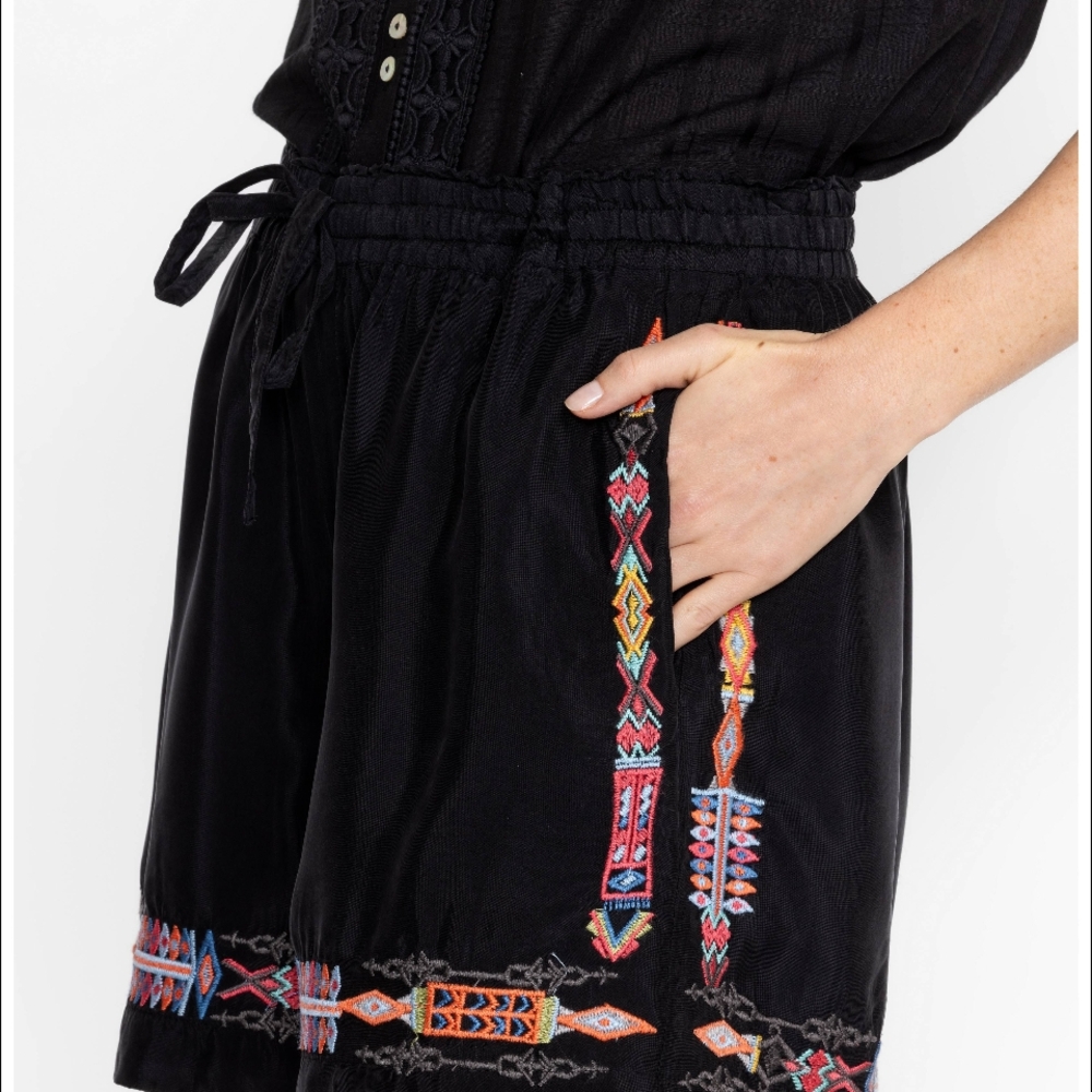 Johnny Was Black Shorts with Colorful Embroidery